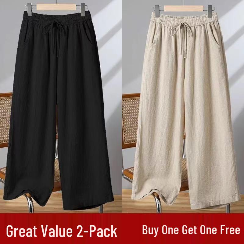 Women's Casual Wide-Leg Cotton Linen Pants - Summer Thin, Loose Fit, Nine-Point Length, Slim and Tall Look