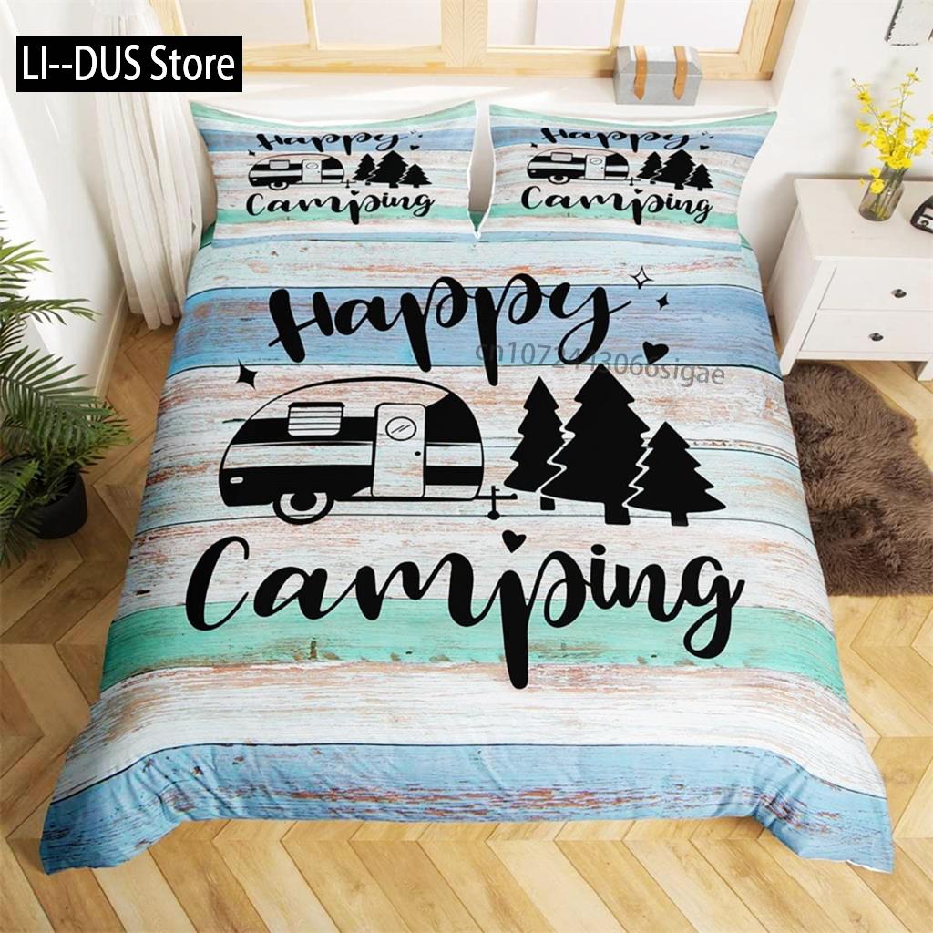 Camping Duvet Cover Set Cartoon Camper Comforter Cover Old Barn Door Bedding Set Cowboys Wooden Farmhouse Style For Kids Decor