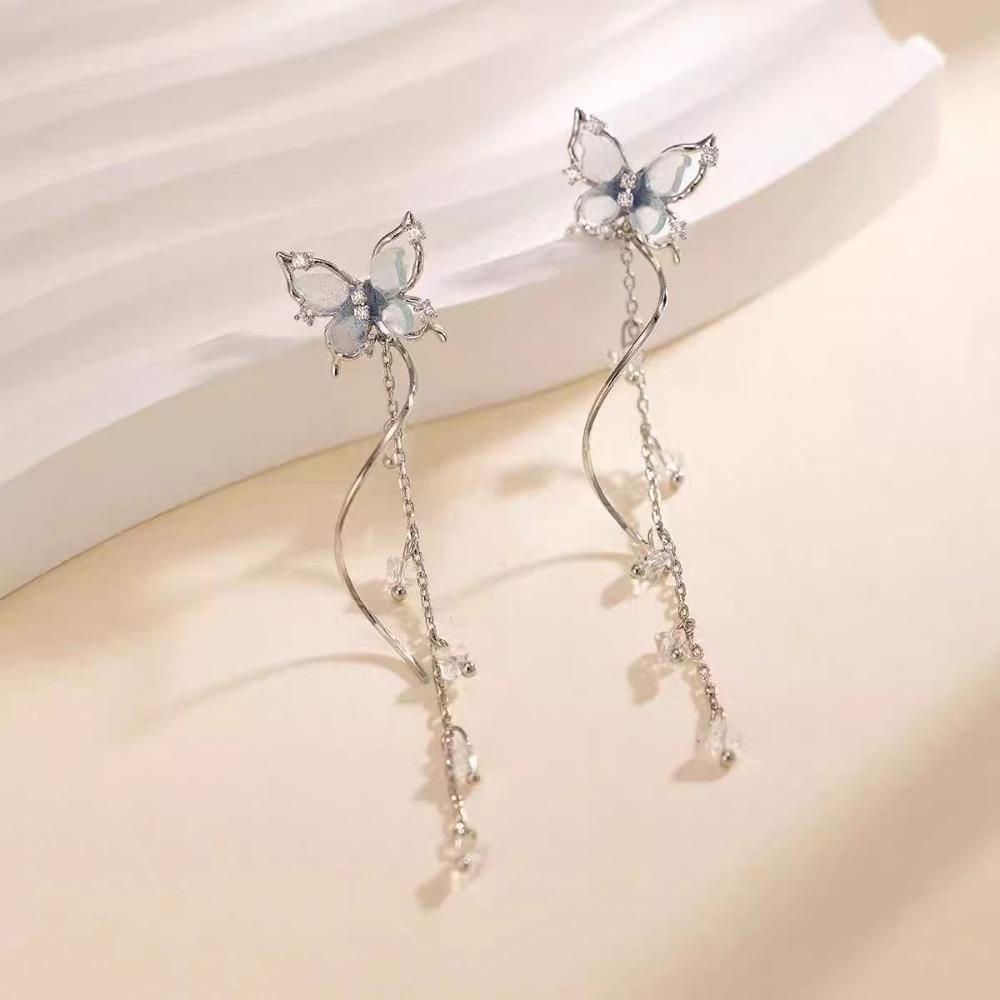 Korean Temperament Purple Butterfly Tassel Long Pendant Dangle Earrings for Women Romantic Exquisite Jewelry Accessories Gifts