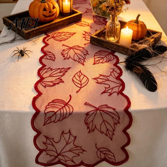 Fall Harvest Table Decor Runner Decorations, Maples Leaves Lace Orange Thanksgiving Dining Runner, Autumn Decorations for Kitchen Party Translucent