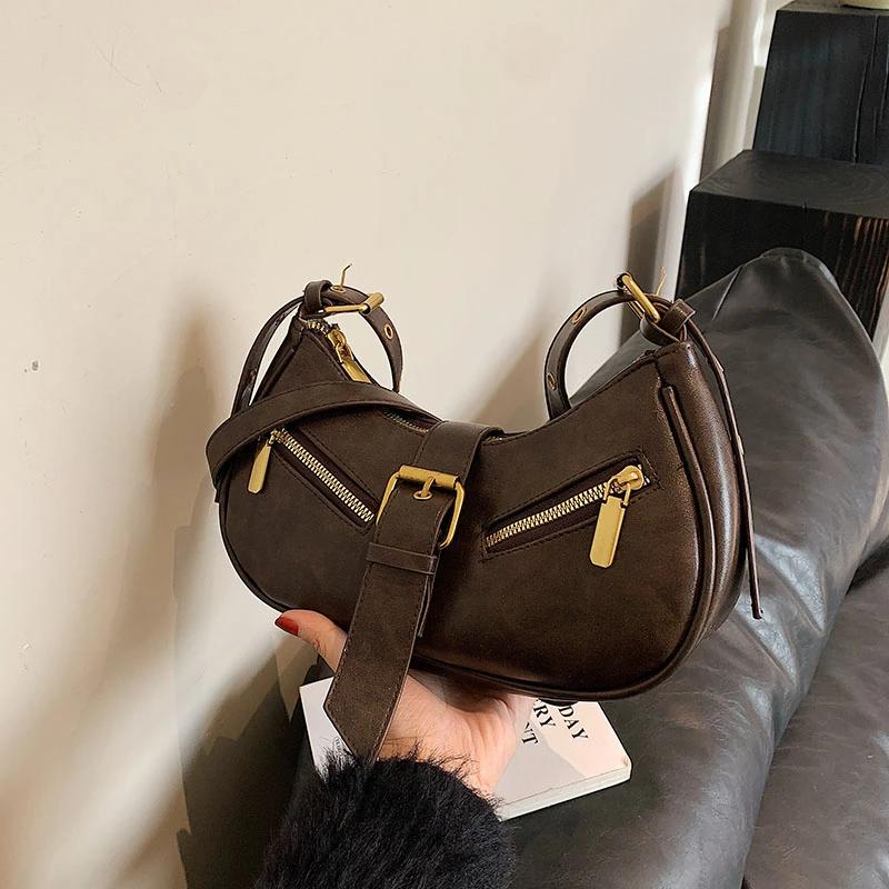 Monochromatic feminine shoulder bag soft PU bag zippered interior pocket high quality fashionable crescent moon