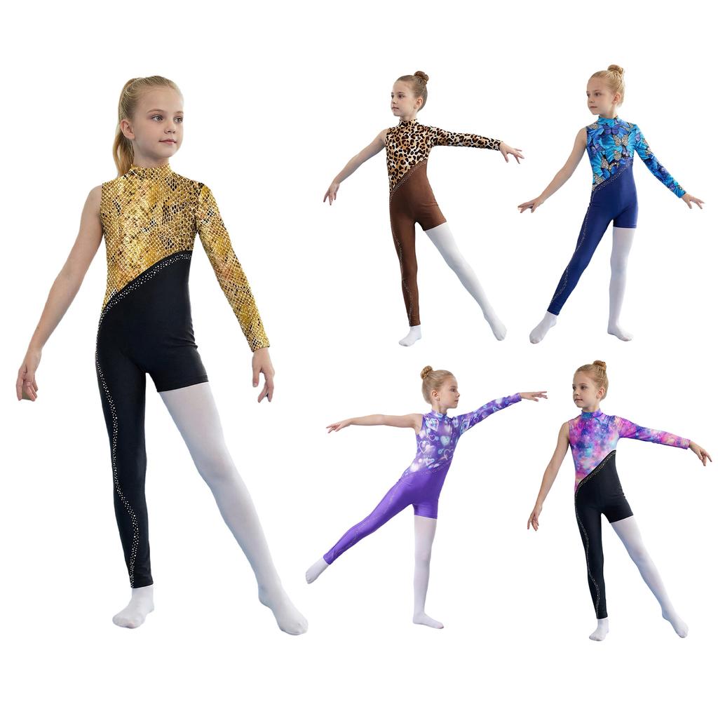 Girls Gymnastics Leotard Sparkly Rhinestone Invisible Zipper Printed Full Length Skating Jumpsuit