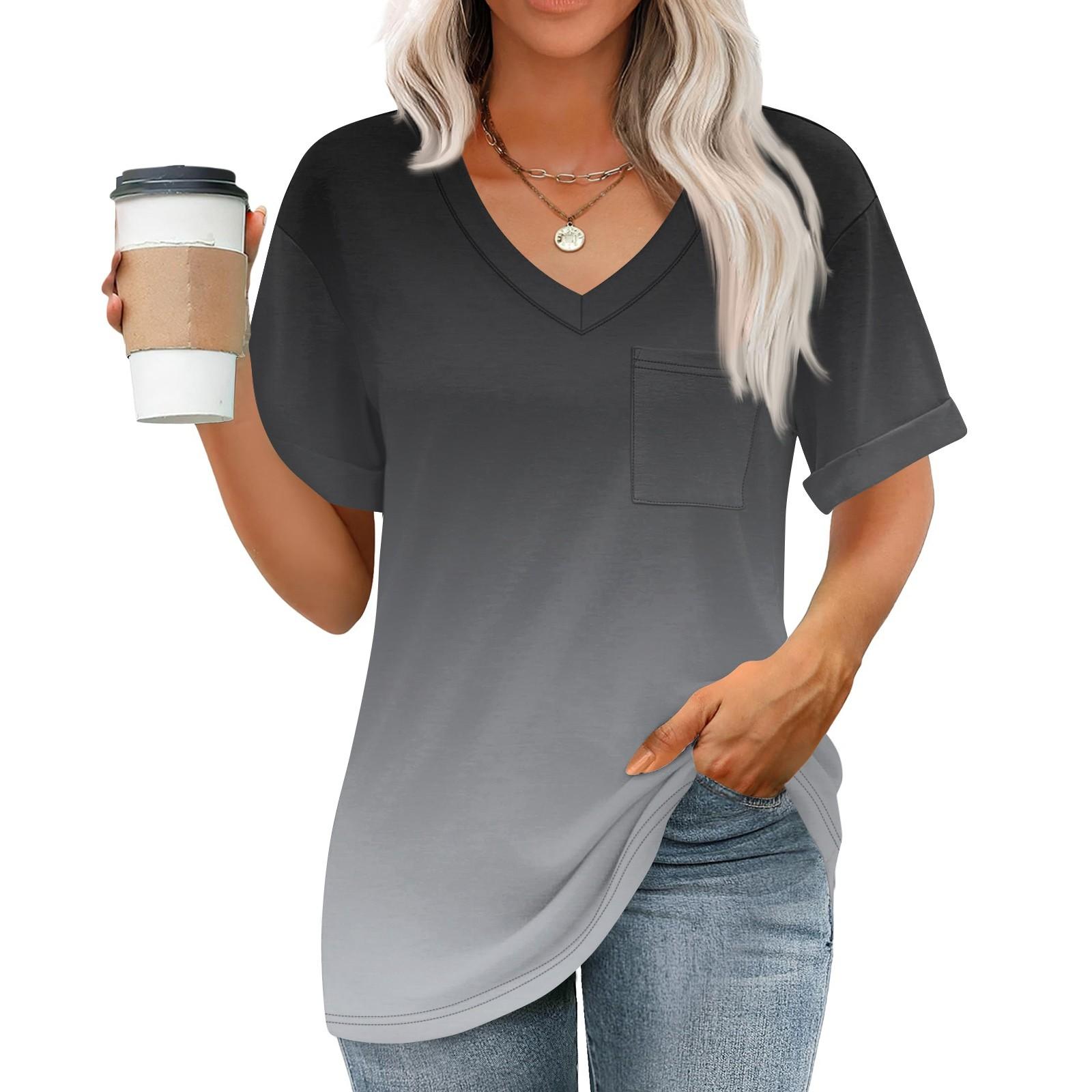 

Жіночі топи з V-подібним вирізом і короткими рукавами, повсякденні модні туніки з принтом і кишенями XL
