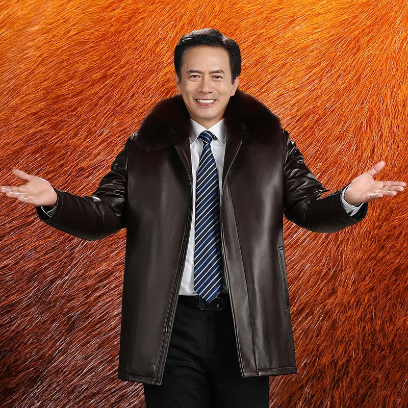 Men's Mid-Length Leather Coat with Fox Fur Collar and Detachable Rabbit Fur Liner – Thick, Warm, Plus Size Jacket for Mid-Aged and Elderly.