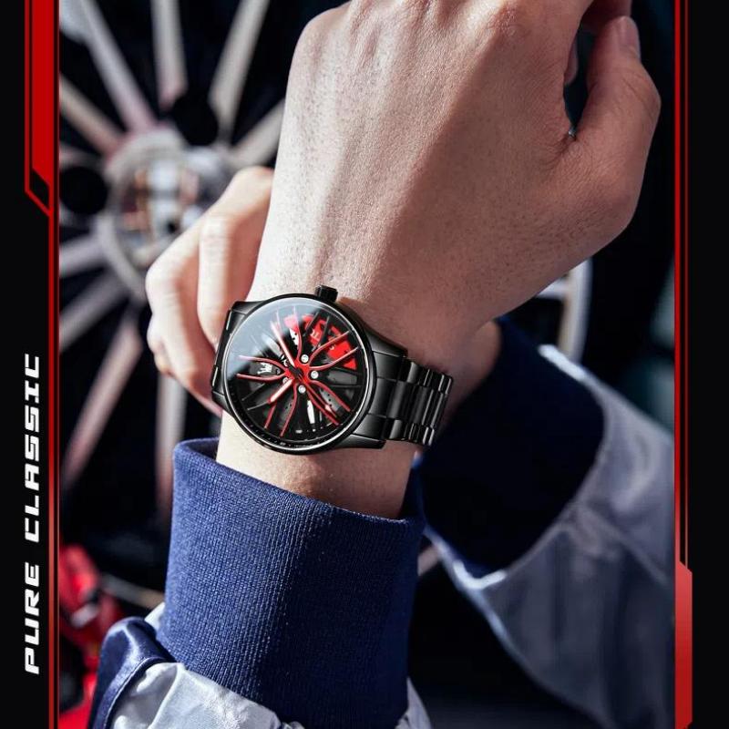 OLEVS Creative Wheel Men's Luxury Watch Waterproof Rotary Sport Car Rim Watch Luminous Fashion Quartz Wristwatches