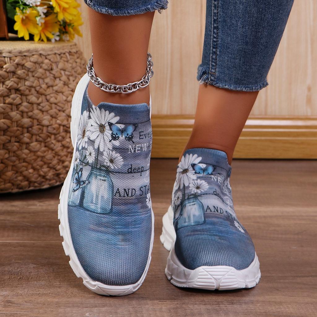 Letters Floral Print Platform Sneakers for Women Knitting Casual Sports Shoes Woman Non Slip Breathable Running Shoes