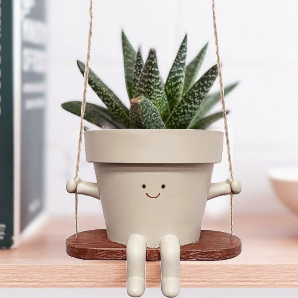 Rocking Chair/Swing Face Planter Pot Lovely Resin Head Pots Cute Succulent Planter Garden Supplies for Indoor Home Hanging Decor