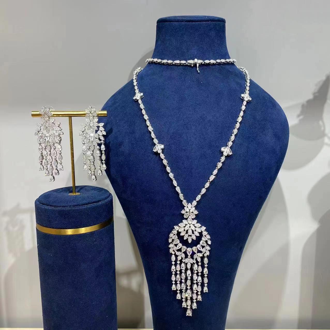 021771 Tassel Long Necklace Set for Women Cubic Zirconia Jewelry Set Sweater Chain Necklace Pendant Necklace Wedding Jewelry