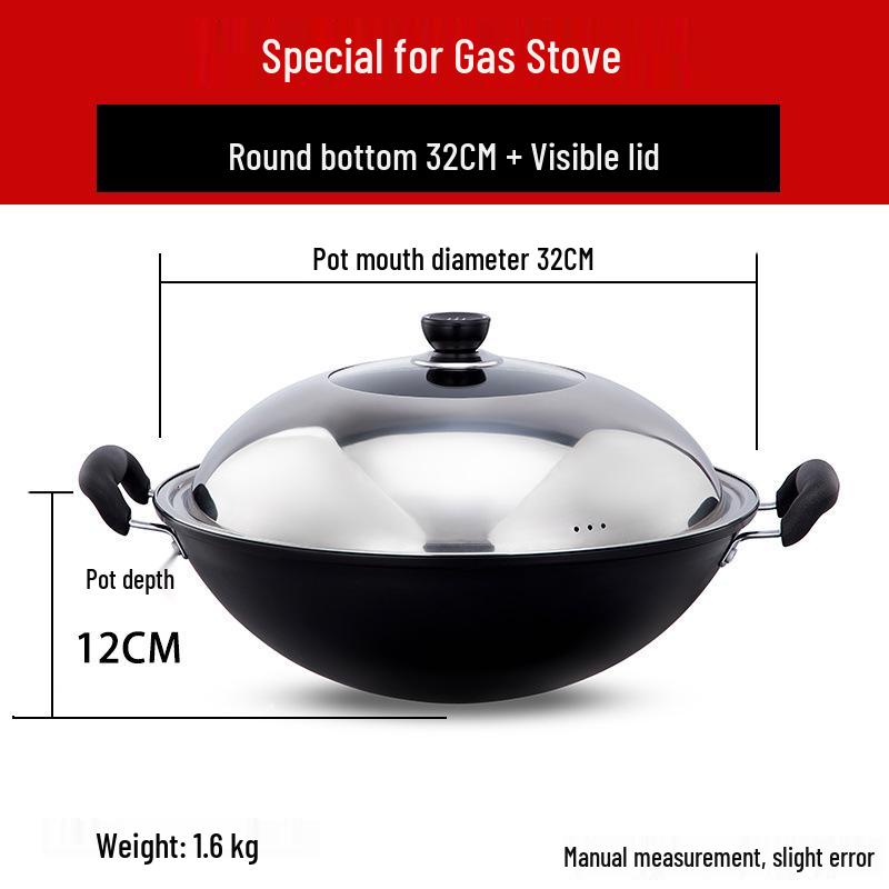 Robuster gusseiserner Wok mit zwei Griffen für Induktionskochfelder - Große Pfanne mit flachem Boden zum Braten.