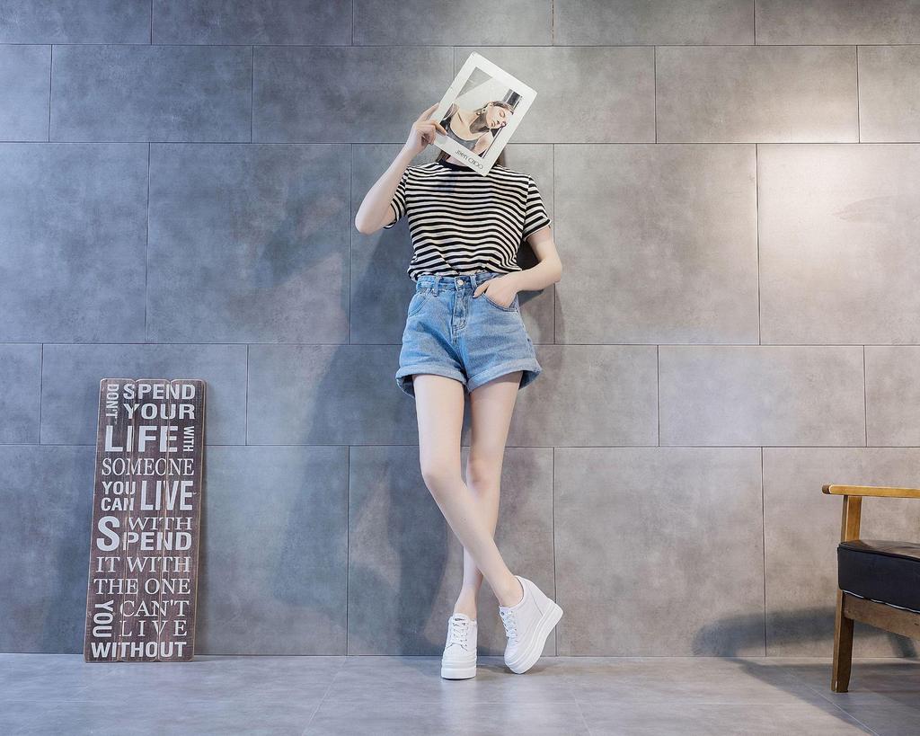 2025 Spring/Autumn Breathable Women's 11cm Height-Increasing Hollow Leather Thick-Soled Casual Black Shoes