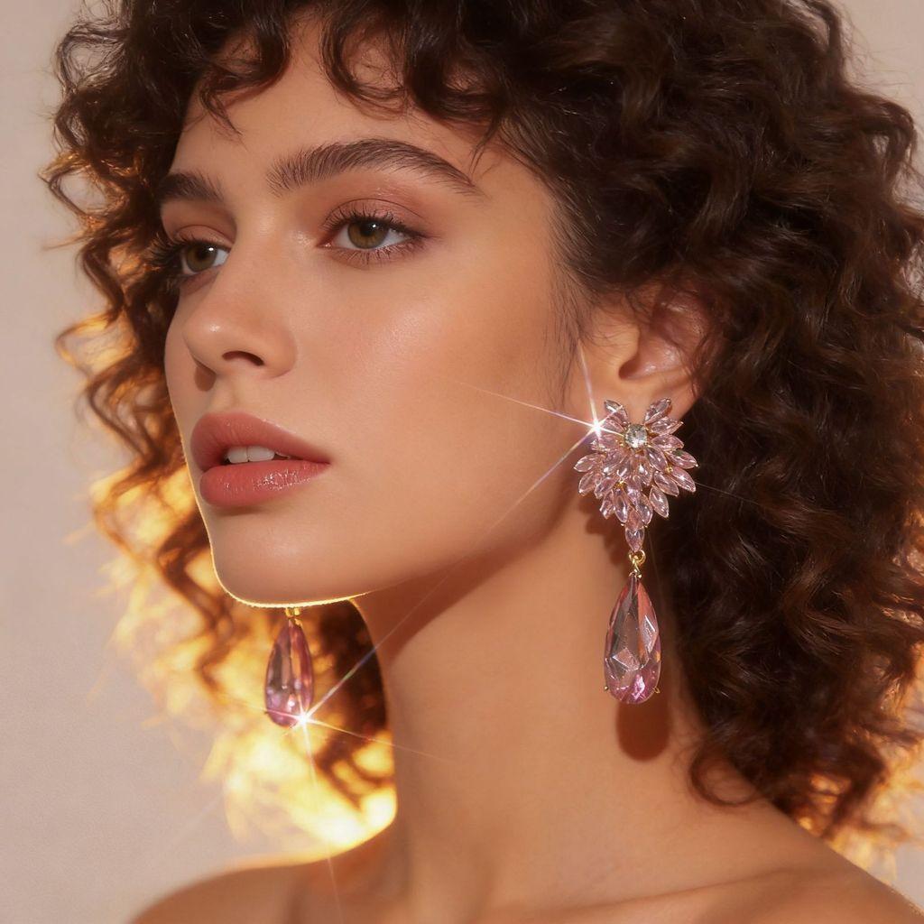 Elegant Alloy Drop Earrings For Women With Flower Shape And Rhinestone Detailing For Gift Giving