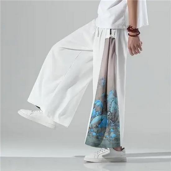 Men's Summer Ice Silk Hanfu Pants: Ancient Style Nine-Point with Chinese Print and Pendant Details.