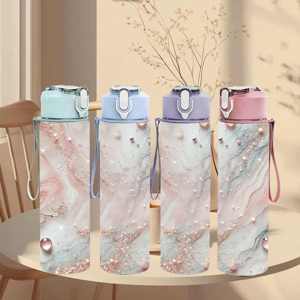 1PC Blush Pink Stone Marble Pattern 750ml Color Plastic Sports Water Bottle Leakproof Flip Straw Lid Suitable for Sports Office Home Use