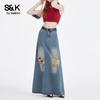 Baleno S&K Vintage Faded Ripped Denim Midi Skirt