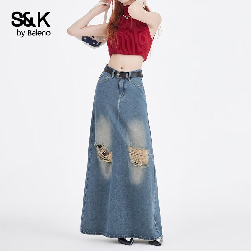 Baleno S&K Vintage Faded Ripped Denim Midi Skirt
