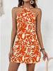 Halter Neck Flower Print Dress Lace Up Ruffle Edge Backless Dress Sleeveless Chiffon Dresses Causal Women Dress