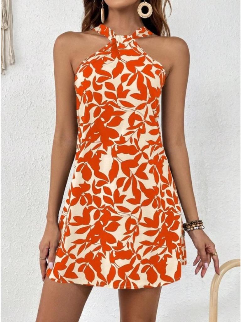 Halter Neck Flower Print Dress Lace Up Ruffle Edge Backless Dress Sleeveless Chiffon Dresses Causal Women Dress
