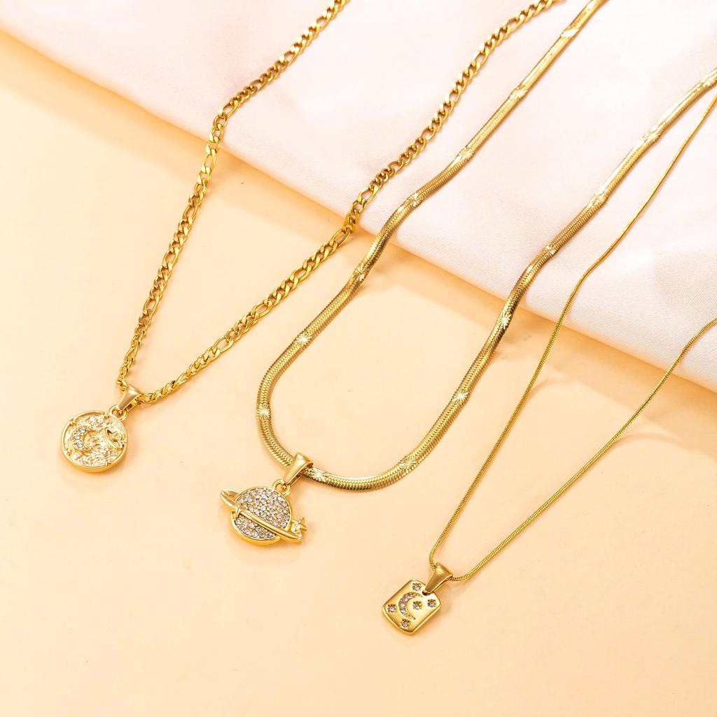 18K Gold-Plated Star & Moon Diamond Pendant Stainless Steel Necklace for Women