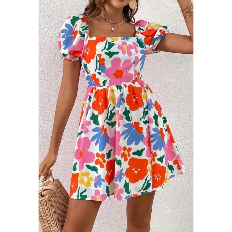 Women Floral Print Mini Dress Square Neck Puff Sleeve Waist Casual Elegant Summer Party Dress