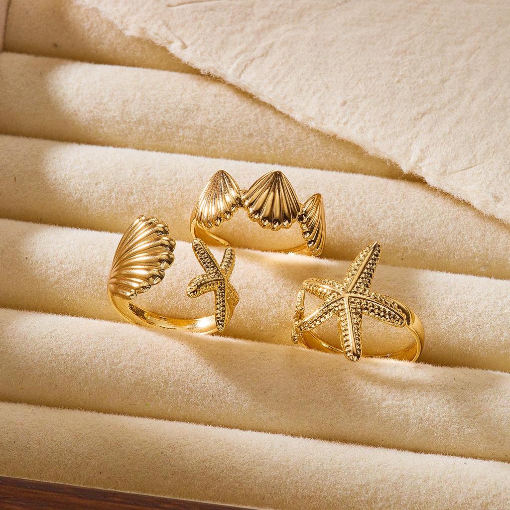 Ocean Holiday Alloy Ring Set: Shell & Starfish Design, Openable 3-Piece