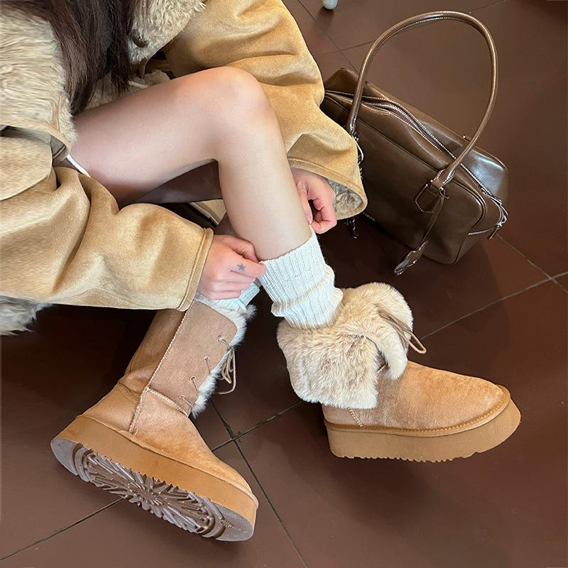 Two ways to wear sheepskin integrated snow boots 2025 autumn and winter new lace-up medium tube cotton boots women's leather flat boots