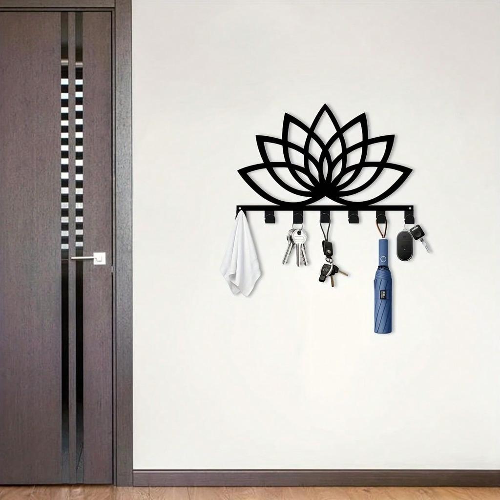Lotus Key Holder 11.81 Inch Black Metal Wall Mount Decor for Home Office Outdoor Gift