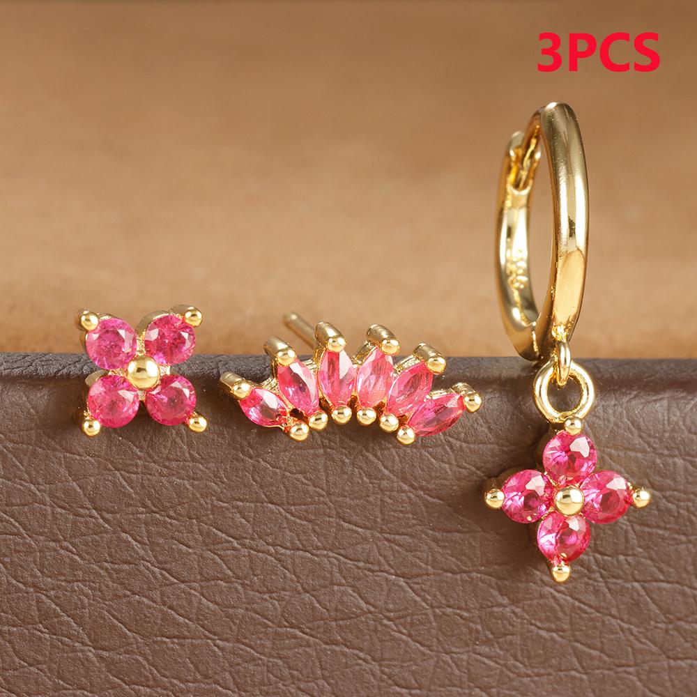 3PCS Zircon Flower Pendant Earring Sets For Women Stainless Steel Cartilag Piercing Earring Trend Jewelry Aretes De Mujer