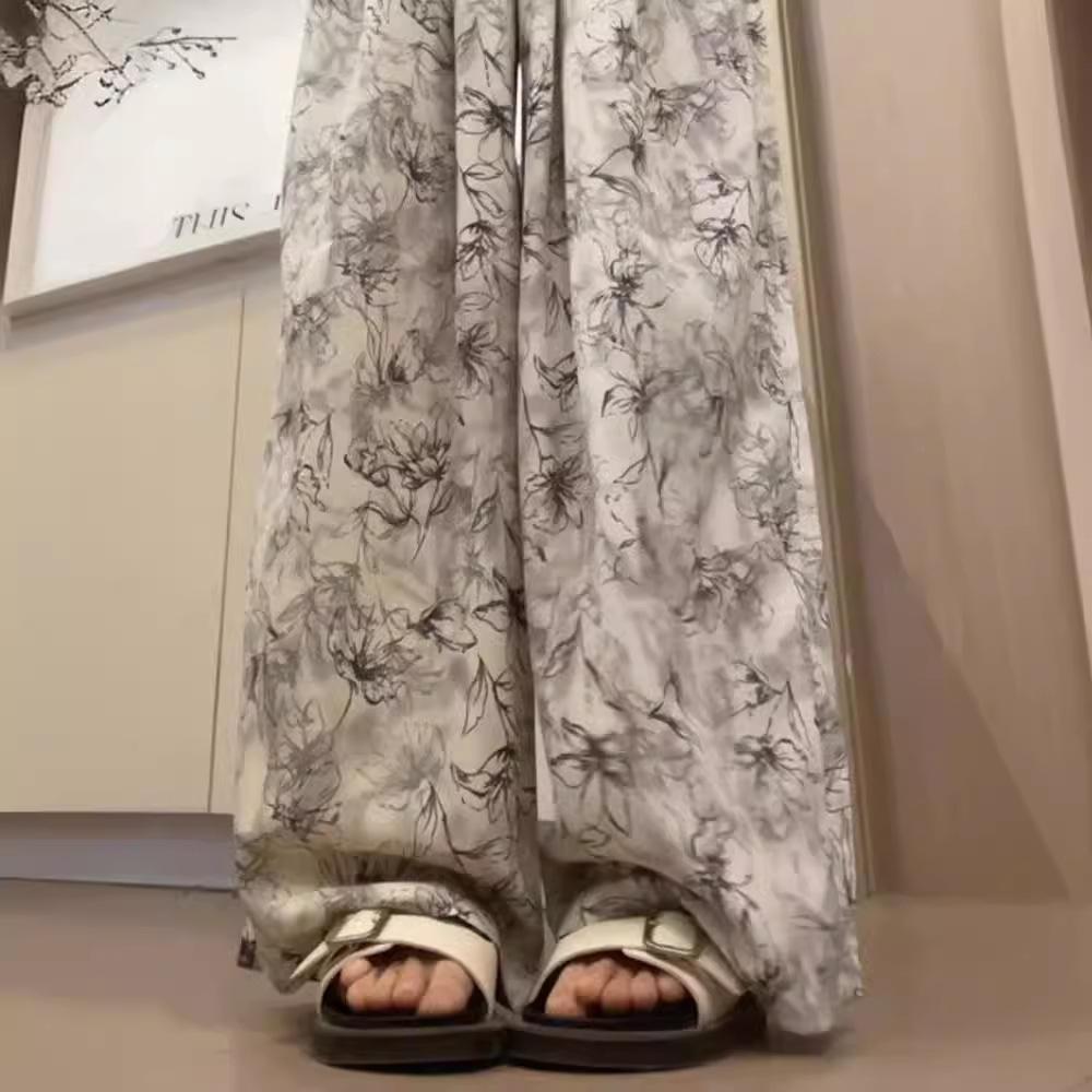 Women's Summer High Waisted Drooping Ink Wash Tie Dye New Chinese Zen Style Pants Casual Floor Mopping Sun Protection Pants Ice Silk Wide Leg Pants