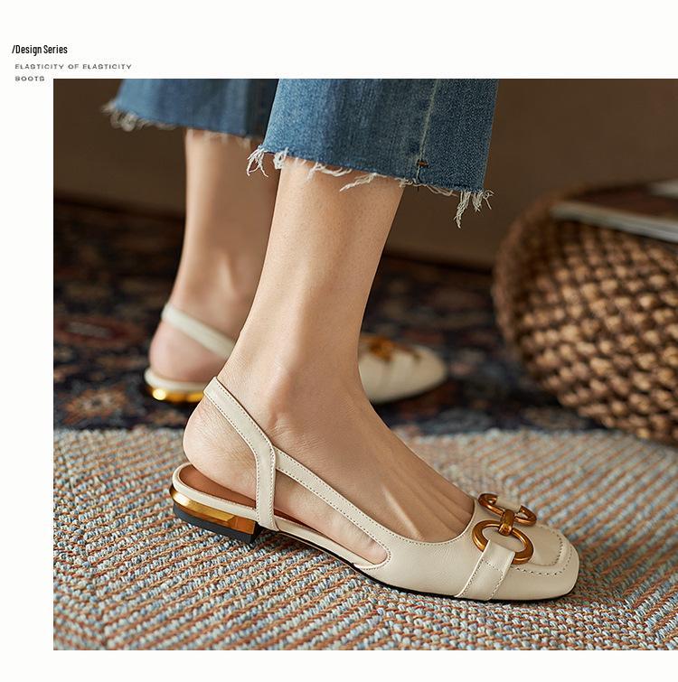 2024 Spring/Summer Women's Retro Peep-Toe Sandals with Metal Buckle and Low Block Heel