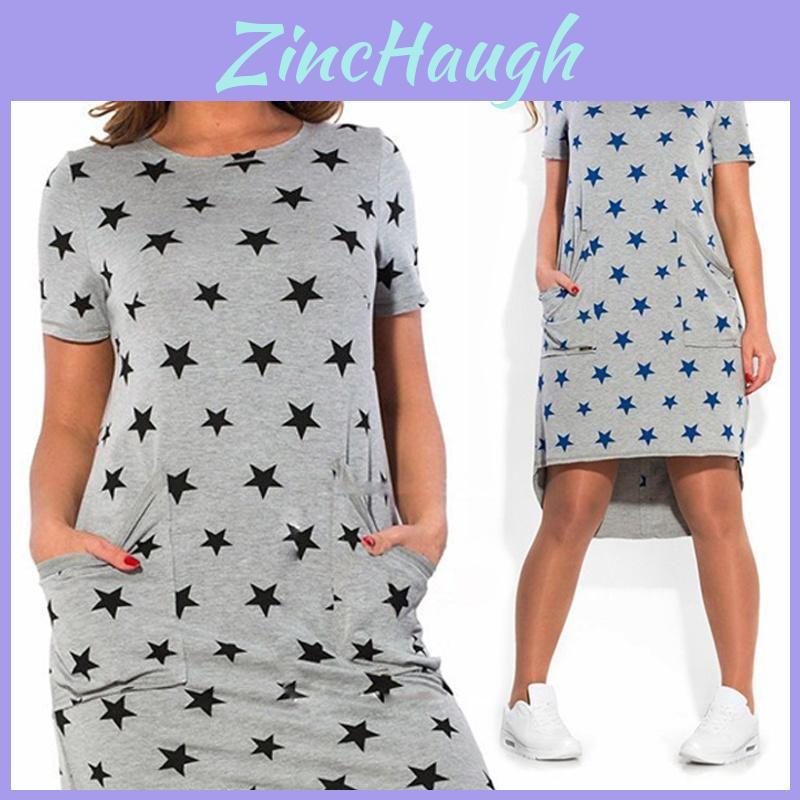 Summer Women Stars Printed Clothing Loose Fit Knee-length Casual Dress In Cotton Blend