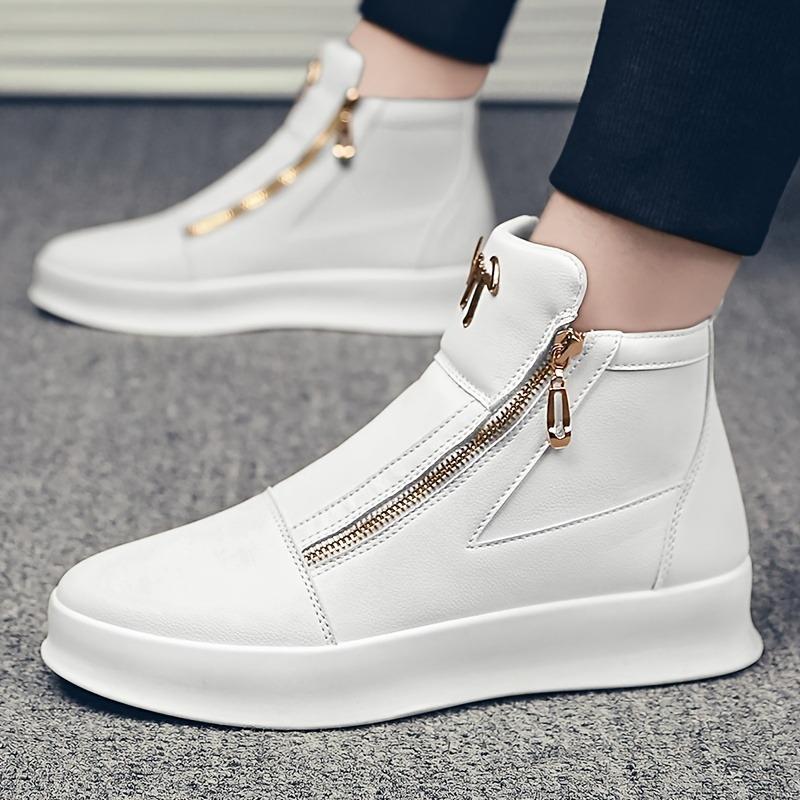 Trendy Men's Shoes, Summer  New Leather Breathable High Top Shoes, Thick Soled White Casual High Top Board Shoes