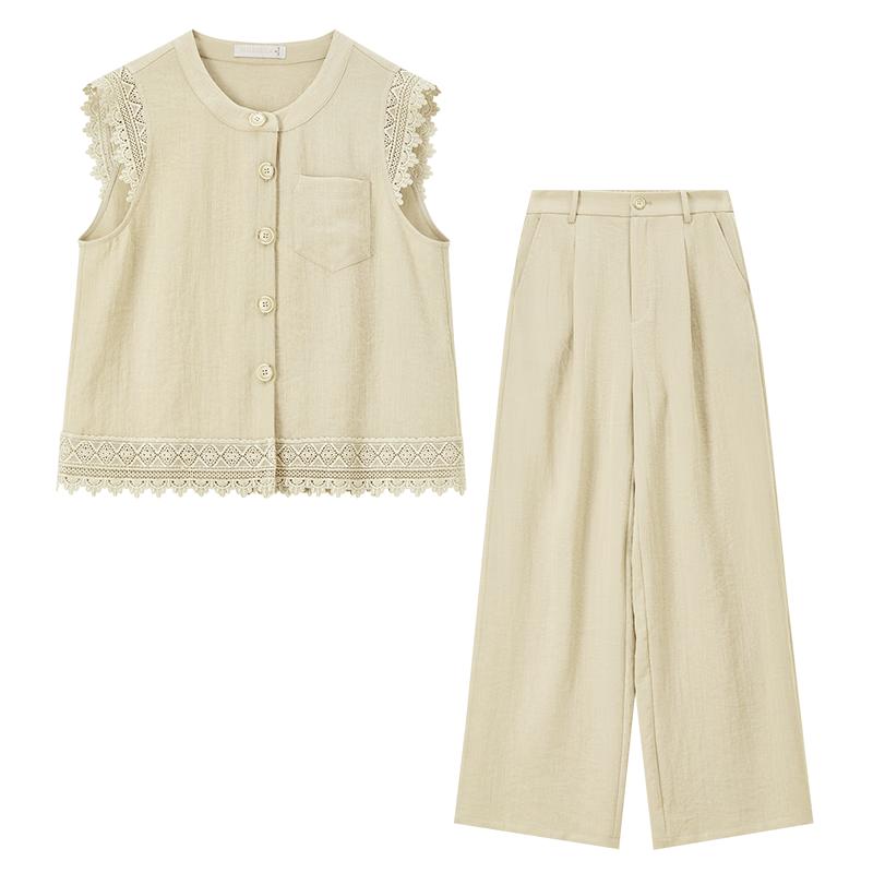 Women's Linen Blend Sleeveless Top & Wide Leg Pants Set