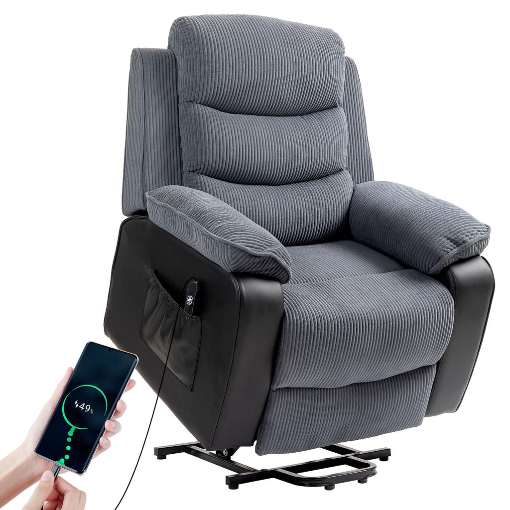 Overstuffed Corduroy Electric Lift Recliner Chair - Dark Grey