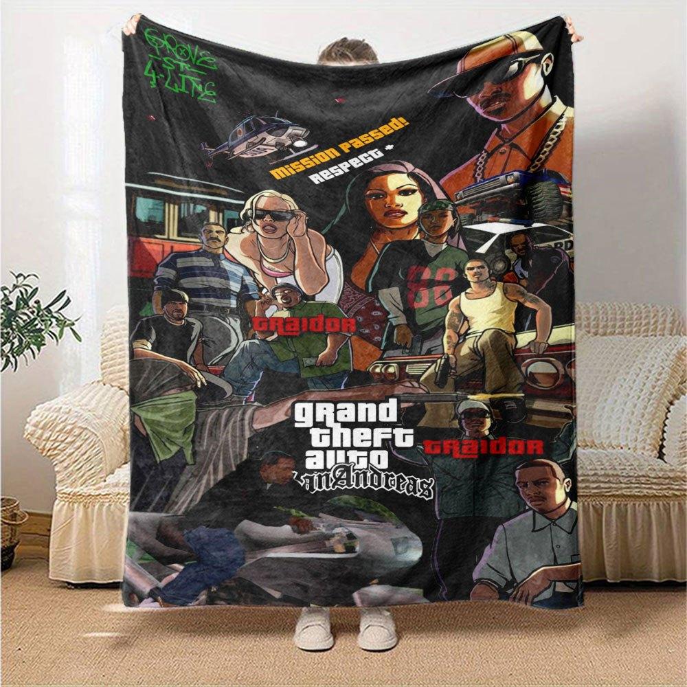 1 szt. Miękki koc flanelowy Grand Theft Auto z designerskim nadrukiem Przytulny koc na każdą porę roku, idealny na sofę, łóżko, do biura