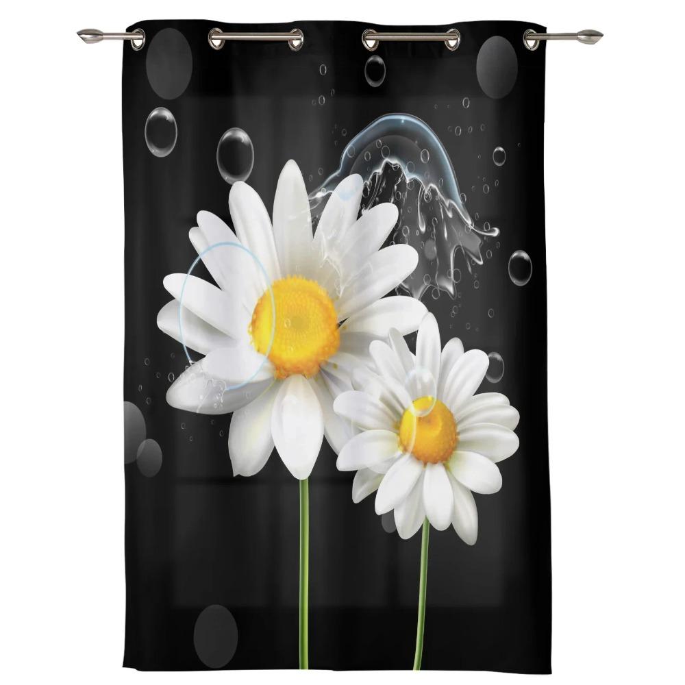 Bedroom Kitchen Curtain White Daisy Flower Waterdrops Window Black Curtains Curtains for Living Room Decorative Items Cortinas