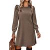 Autumn and winter polished pit strips solid color round neck bubble sleeves medium and long dresses women's clothing