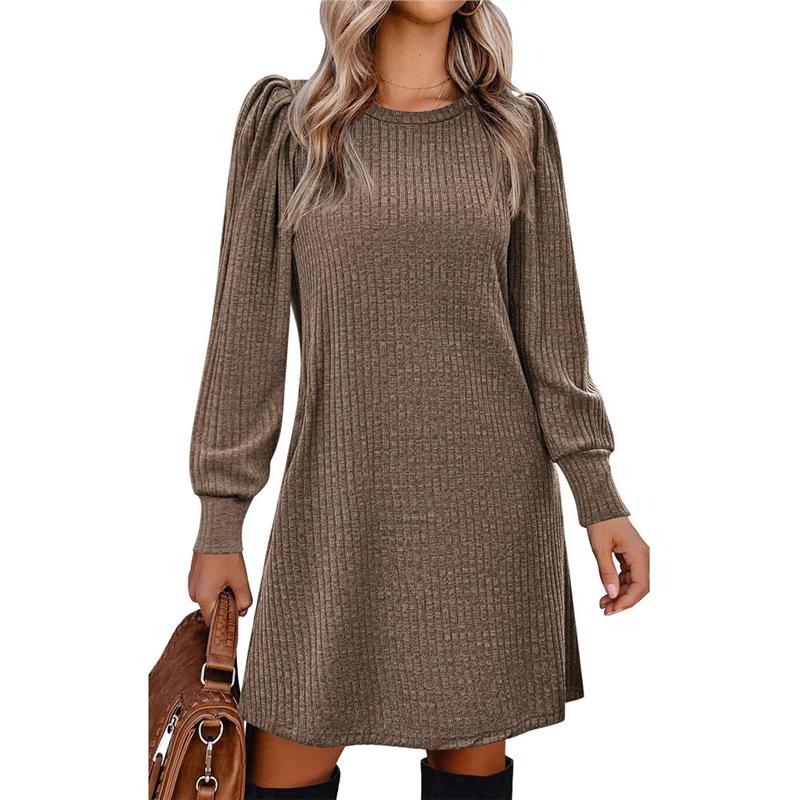 Autumn and winter polished pit strips solid color round neck bubble sleeves medium and long dresses women's clothing