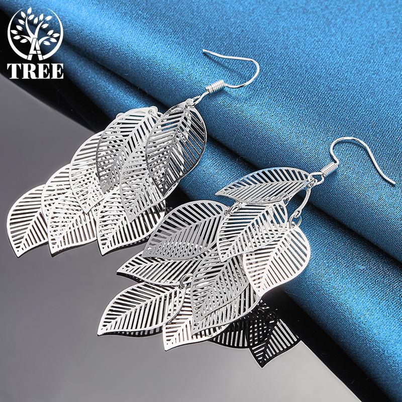 925 Sterling Silver Woman Layered Hollow Leaves Tassel Long Drop Earrings Jewelry