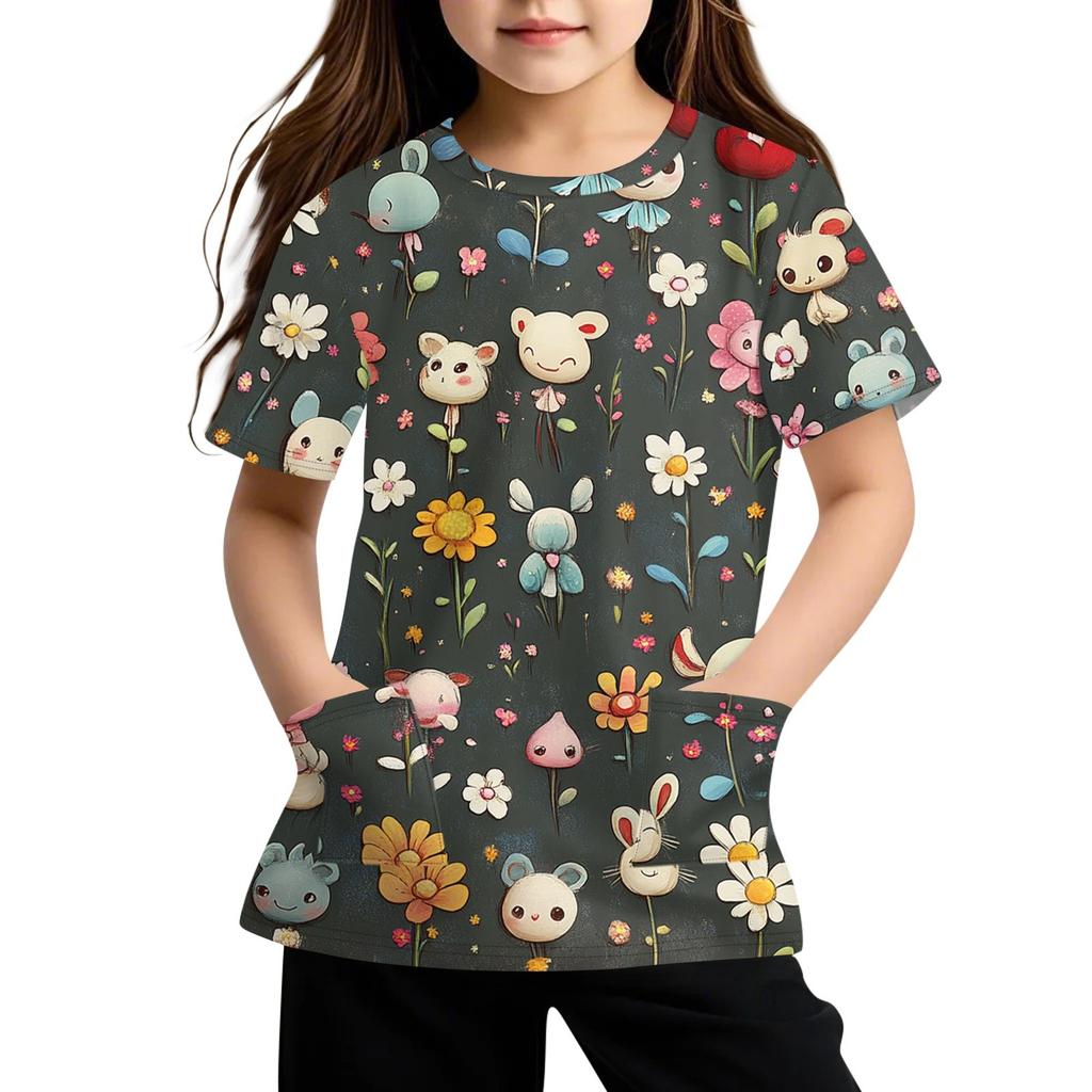 Children's Short Sleeve Pocket Tops Casual  Print T Shirt Round Neck Pullover Blouse