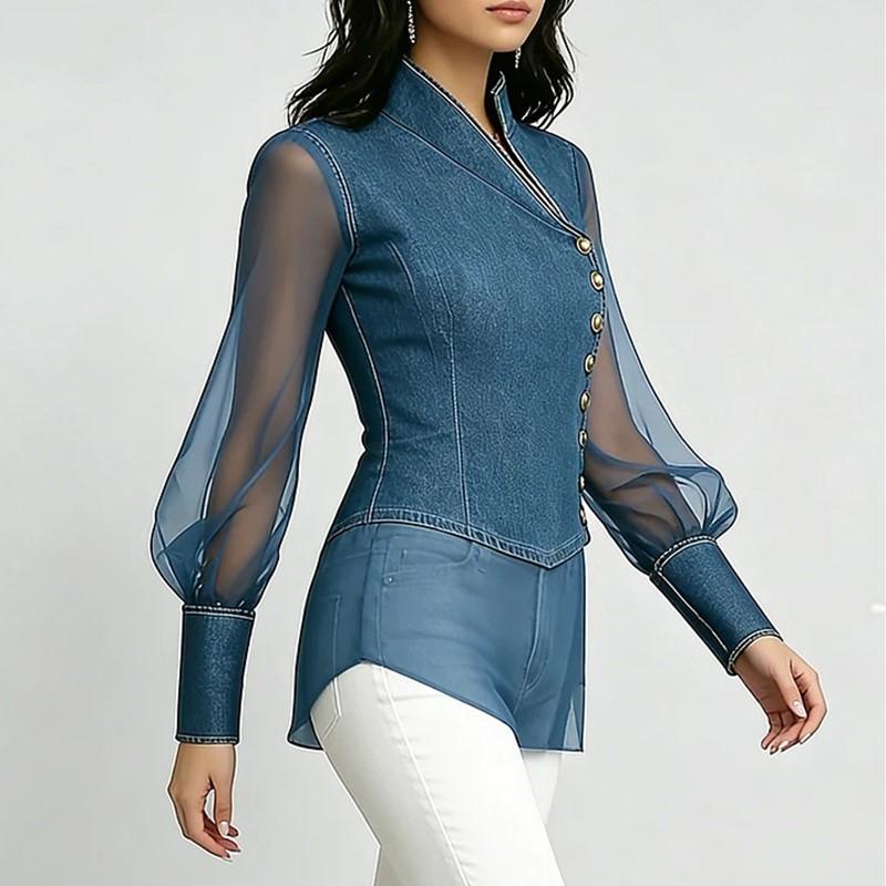 long sleeve oversized denim mesh vintage shirts & blouses for blouse Casual loose spring summer autumn tops women shirt