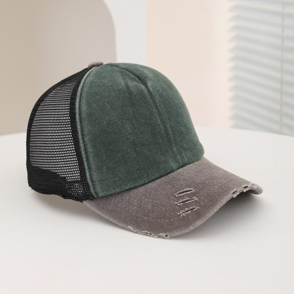 Fashionable Glossy Solid Color Washed Sponge Top Mesh Baseball Cap, Classic Perforated and Fringed Sunshade Baseball Cap