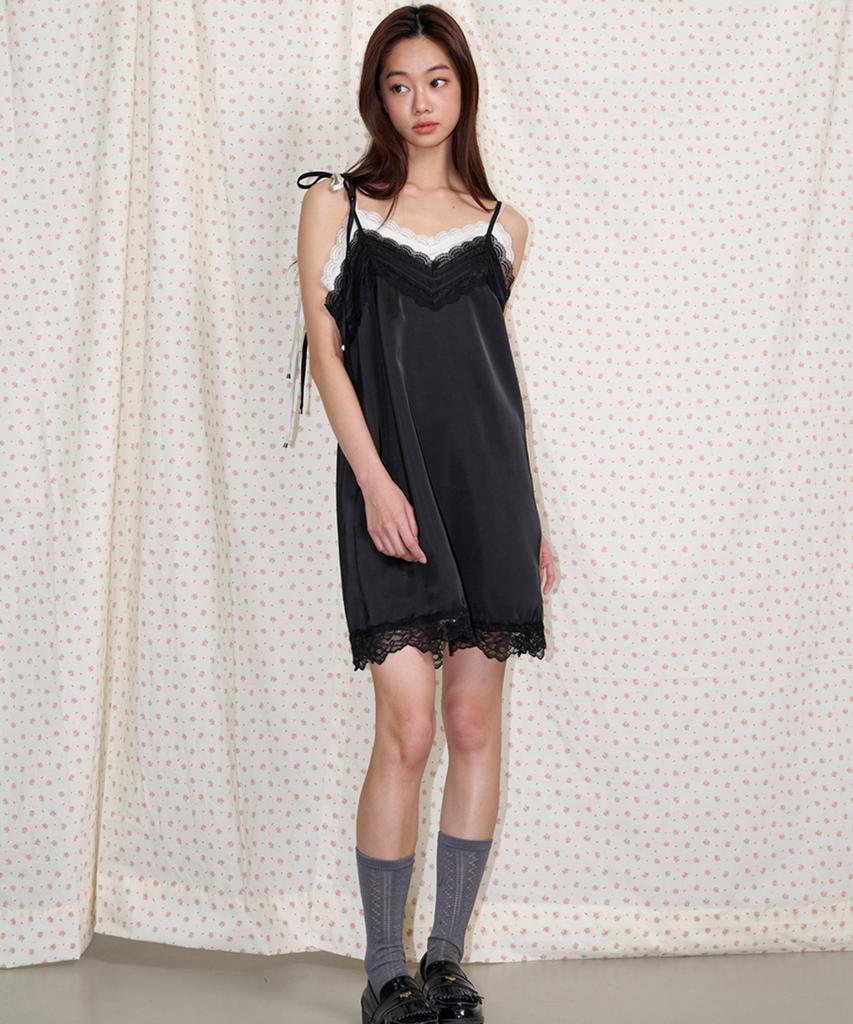 Opening Sunshine Ribbon Shoulder Satin Lace Mini Dress Black