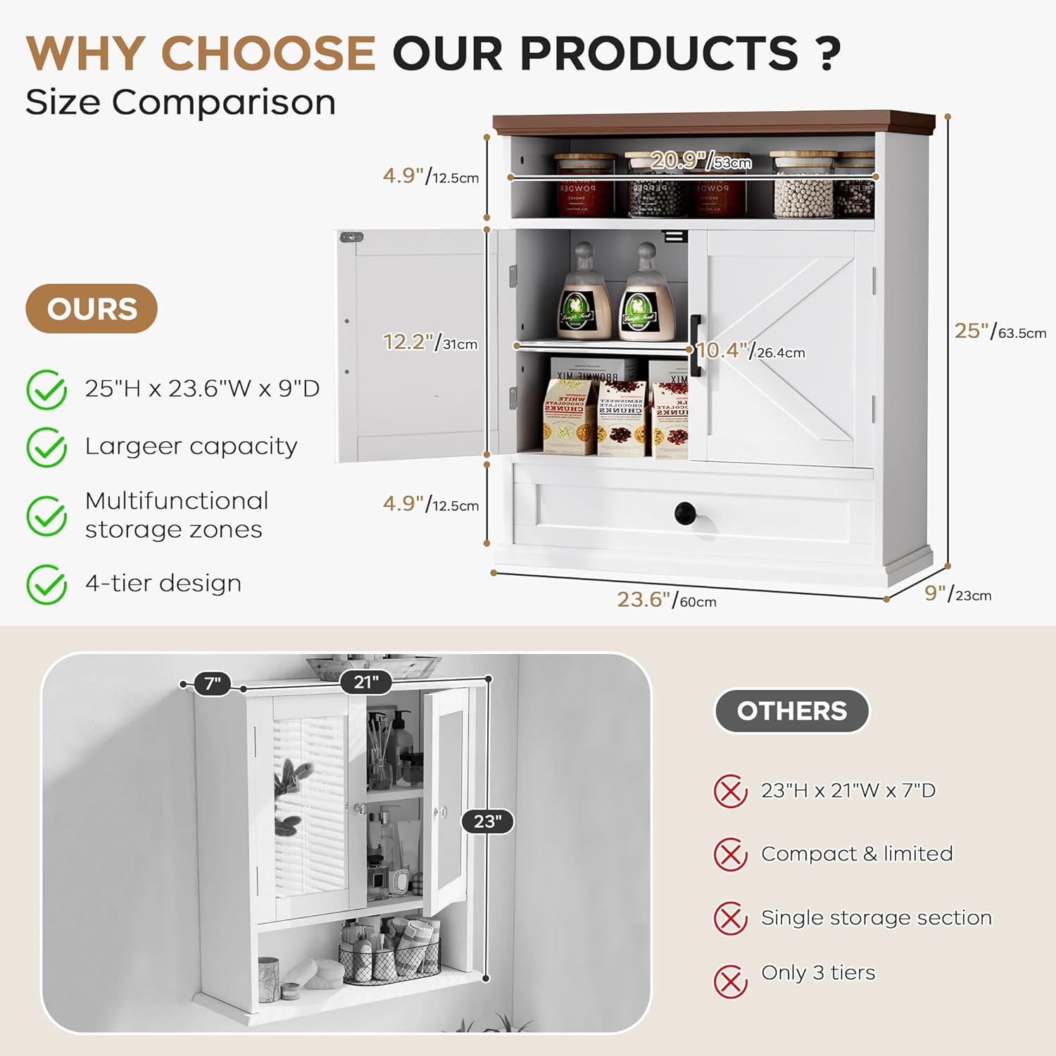 

Farmhouse Wall Cabinet with Drawer, White Over Toilet Storage, Adjustable Shelf, 25 H x 23.6 W United States