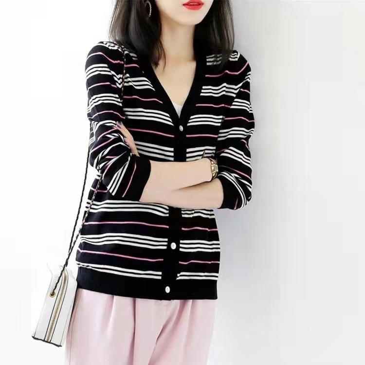 

Весенне-осенний вязаный кардиган с V-образным вырезом в полоску с цветными блоками, утягивающая блузка, куртка One Size чёрный