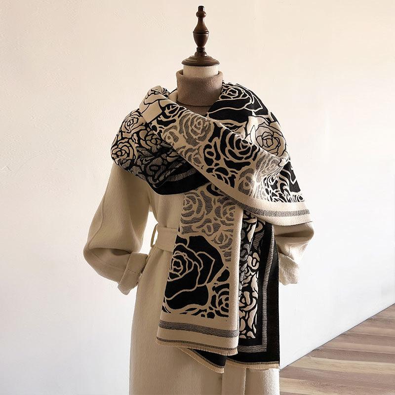 Imitation Cashmere Scarf Women'S Camellia Versatile Scarf Long Thickened Warm Shawl Live Broadcast