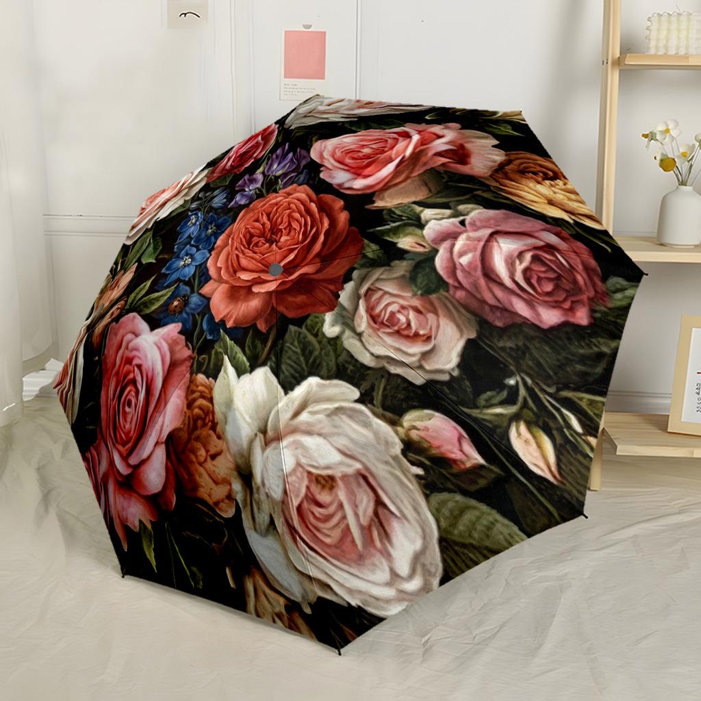 Floral Mandala Artwork Portable Automatic Umbrella Sturdy 8-Rib Shaft Lightweight Durable Everyday Carry Umbrella Compact Folding Umbrella