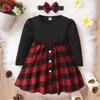 INS Autumn/Winter Long Sleeve Red & Black Plaid Dress with Headband - Children's Two-Piece Set.