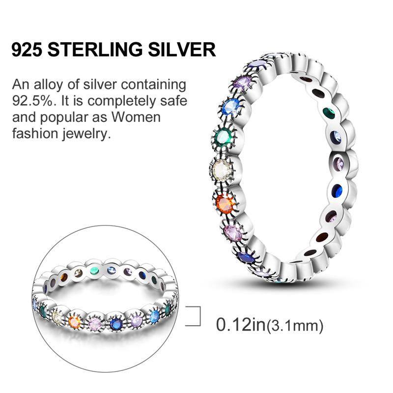 New Sparkling Rainbow Rings 100% 925 Sterling Silver Circle Colorful Zircon Fine Pink Ring Women Wedding Engagement Jewelry Gift