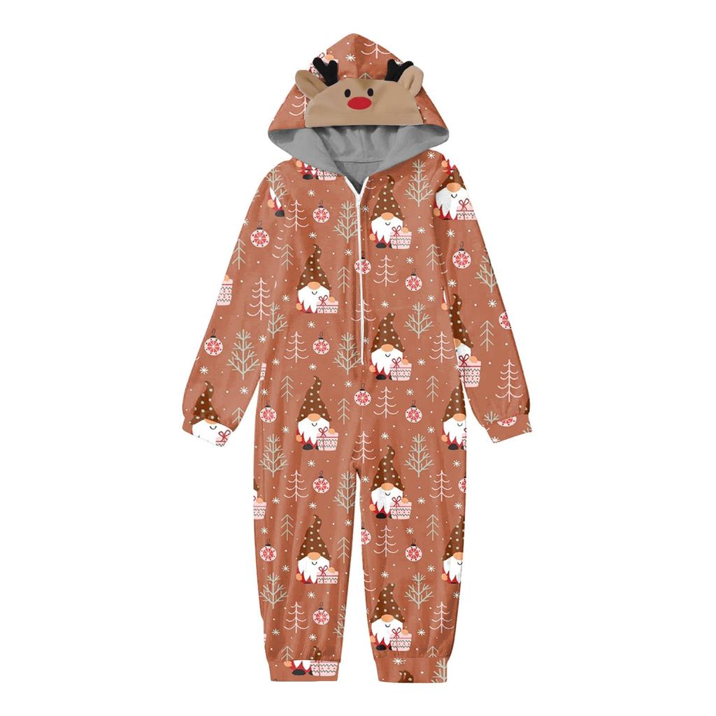 Christmas Print Family Matching Hooded Long Sleeved Zippered Jumpsuit Set
