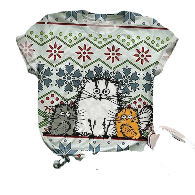 Women's 3D Cat Pattern Fresh Printed T-shirt 3D Printed Short Sleeved T-shirt
